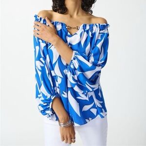 Joseph Ribkoff Blue and White Off-Shoulder Blouse EUC